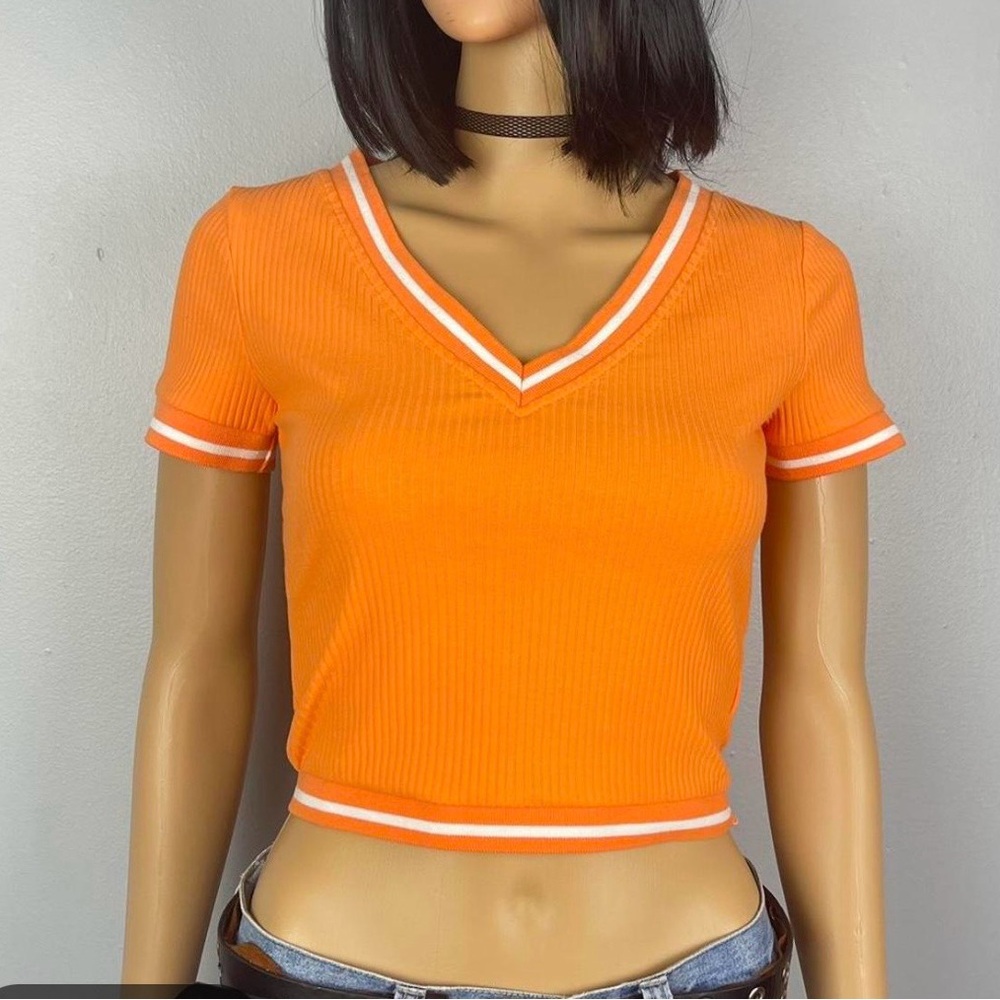 SHEIN Orange Ribbed V-Neck Contrast-Trim Crop Top